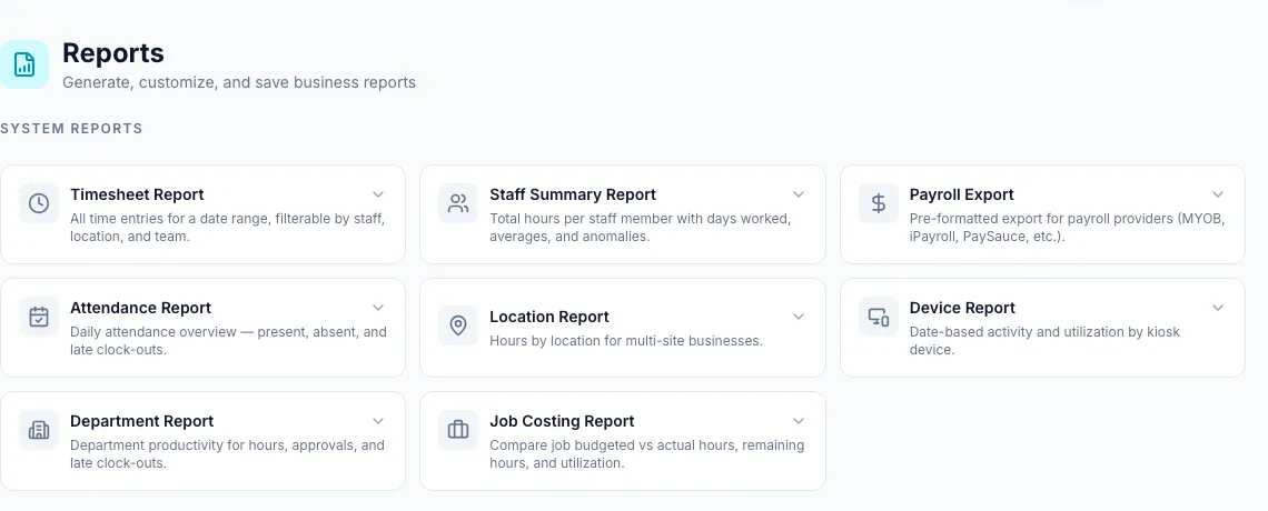 The Clockie report library, including the job costing report