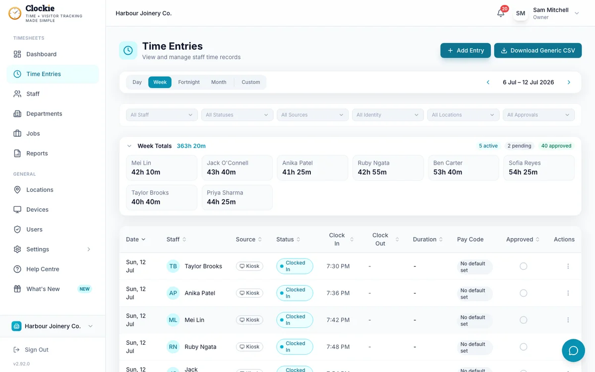 Clockie time entries ready for review and payroll export