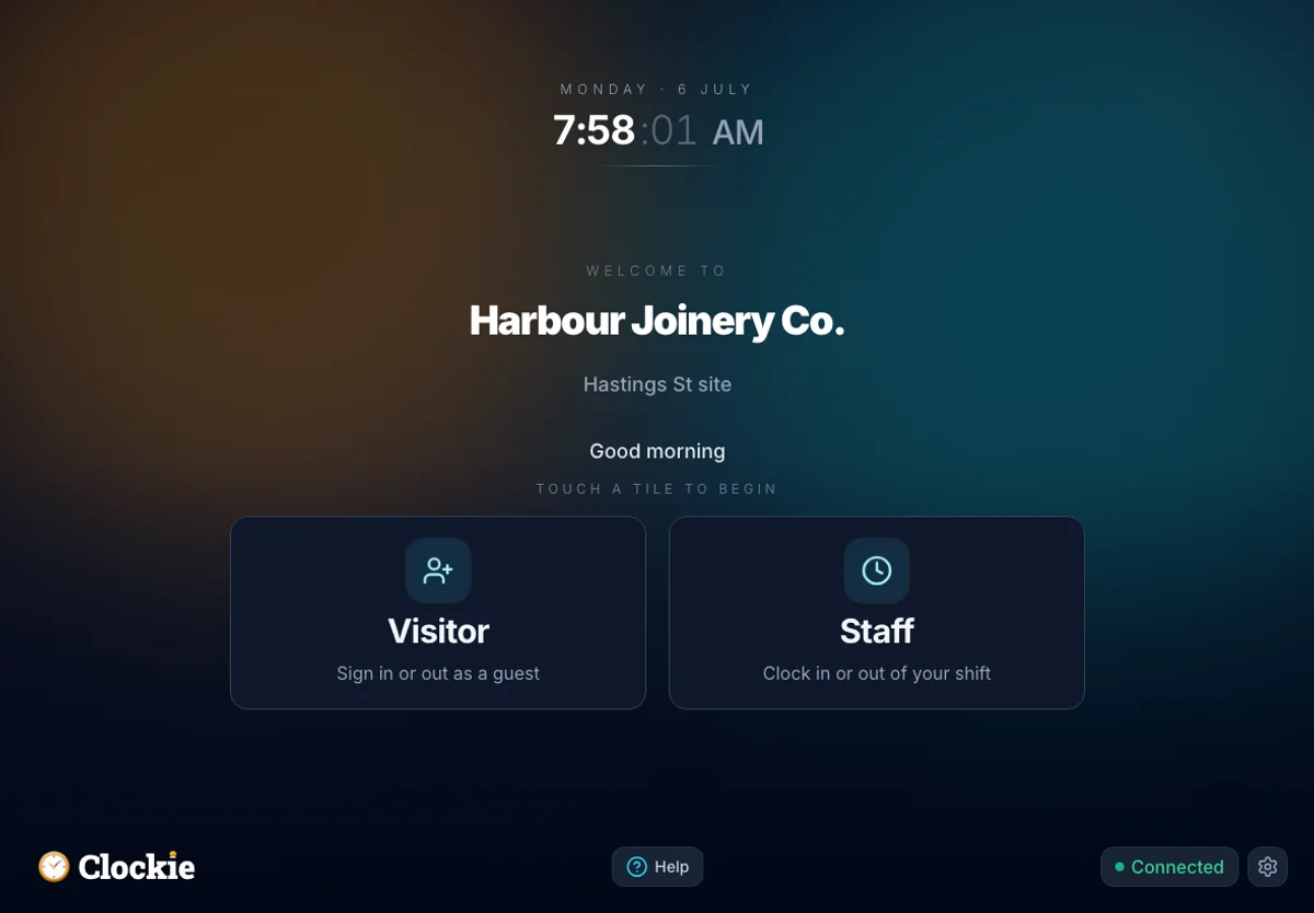 The Clockie visitor welcome screen on a kiosk tablet
